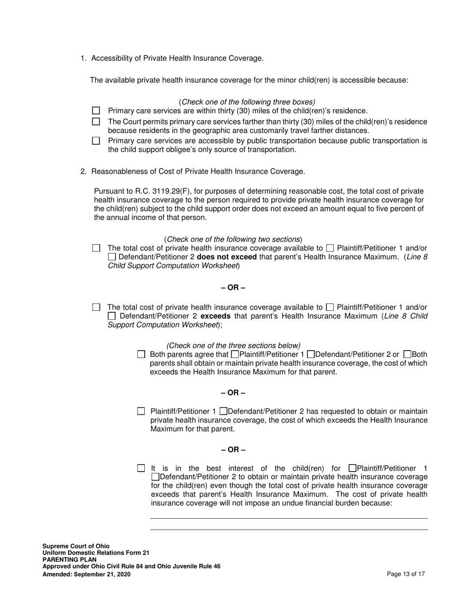 Uniform Domestic Relations Form 21 Parenting Plan - Ohio, Page 13
