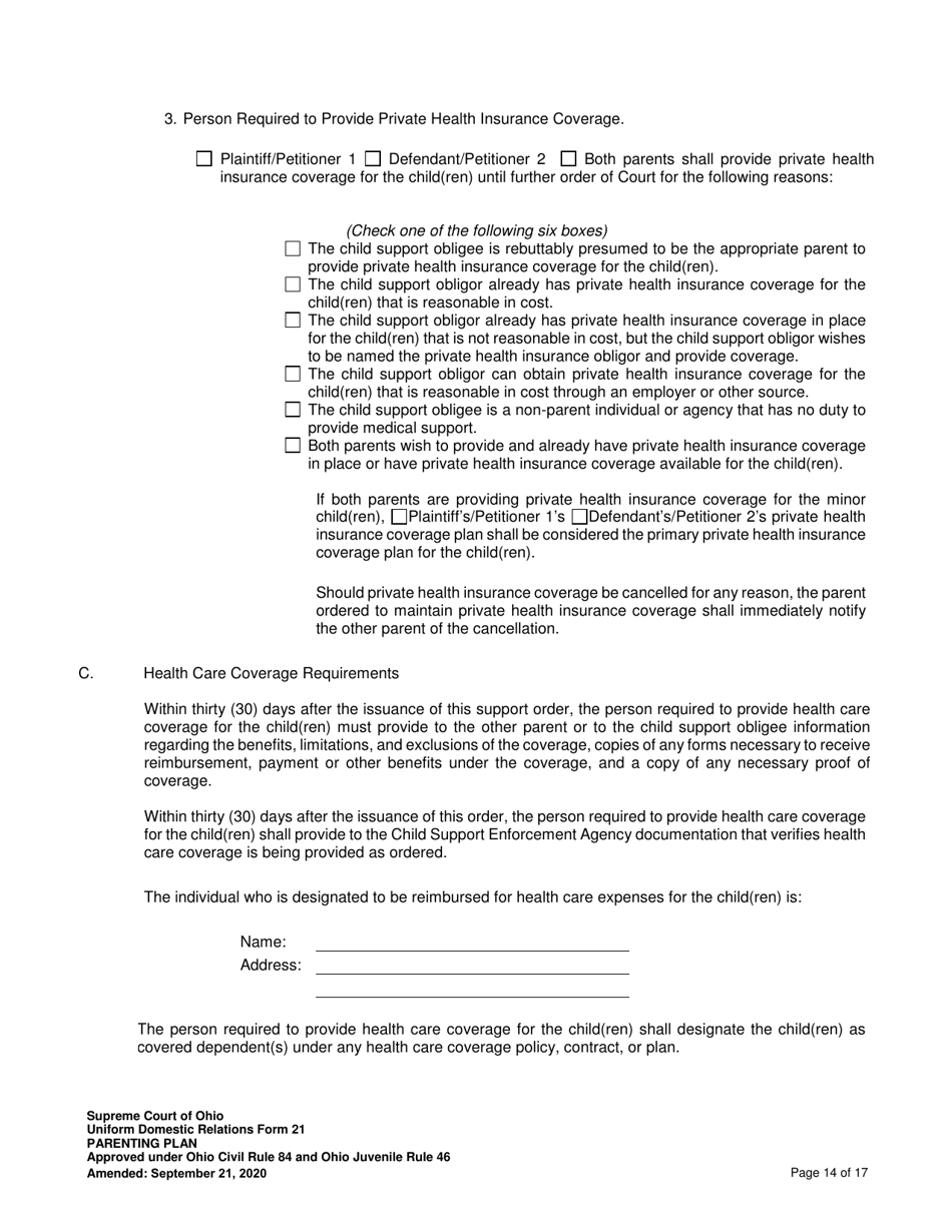 Uniform Domestic Relations Form 21 Parenting Plan - Ohio, Page 14