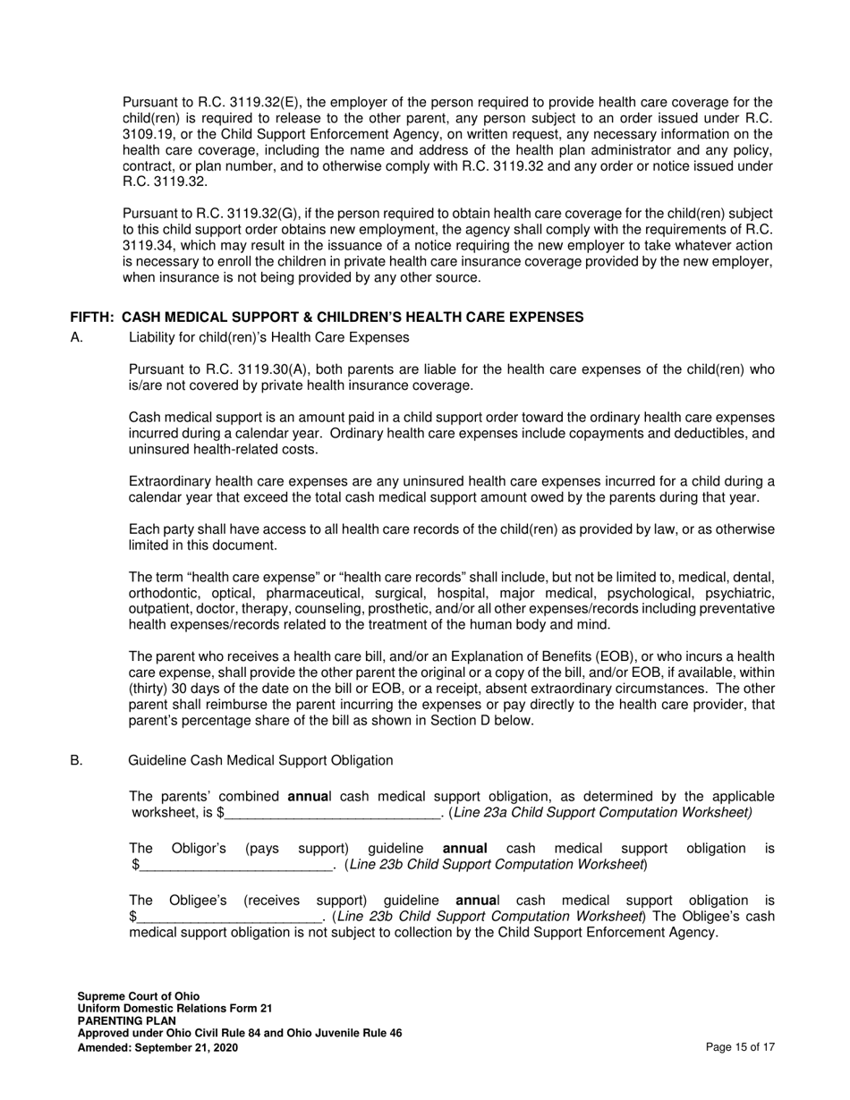 Uniform Domestic Relations Form 21 Parenting Plan - Ohio, Page 15