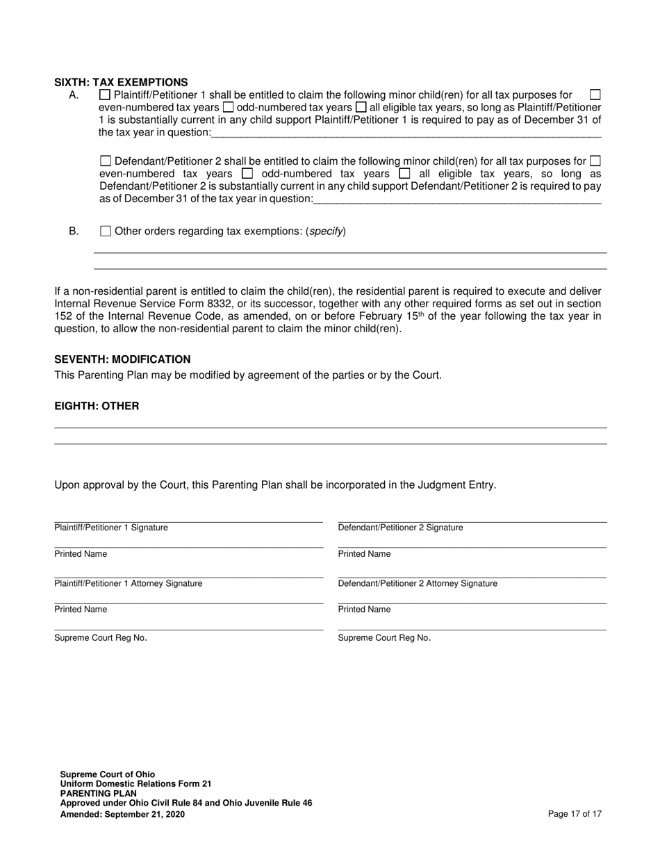 Uniform Domestic Relations Form 21 Parenting Plan - Ohio, Page 17