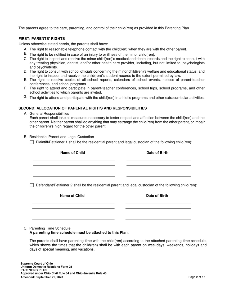Uniform Domestic Relations Form 21 Parenting Plan - Ohio, Page 2