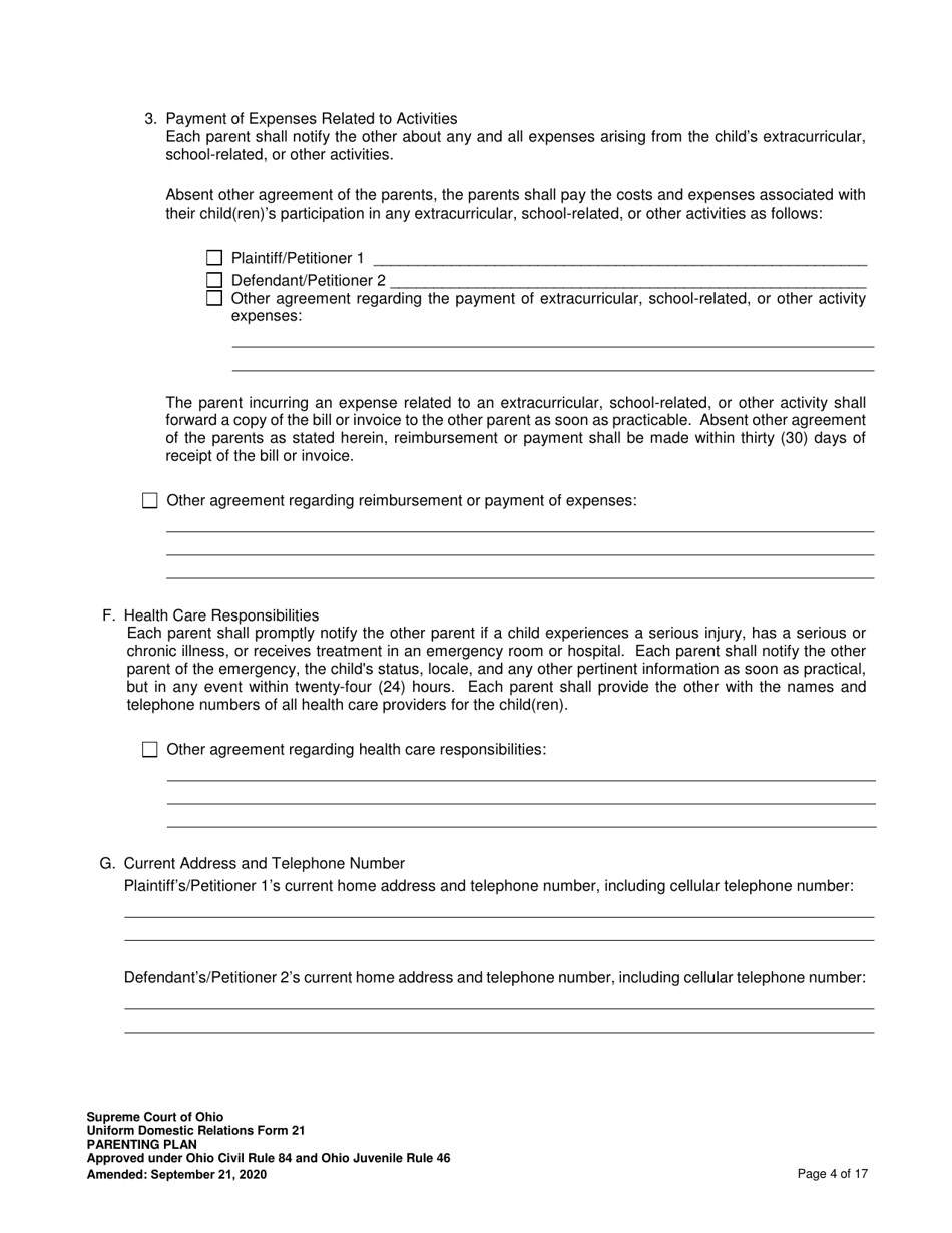 Uniform Domestic Relations Form 21 Parenting Plan - Ohio, Page 4