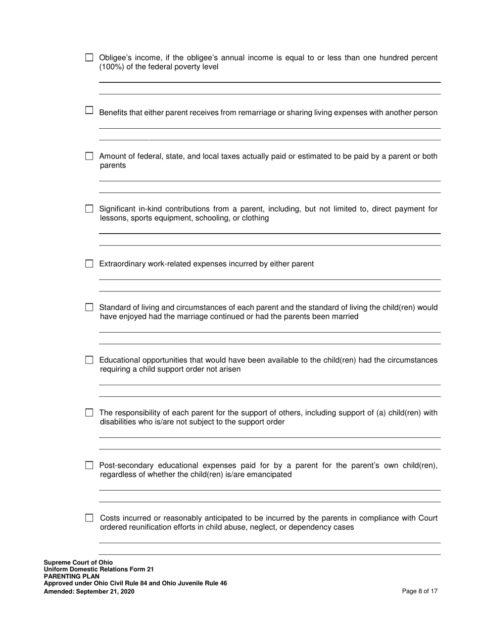 Uniform Domestic Relations Form 21 Parenting Plan - Ohio, Page 8