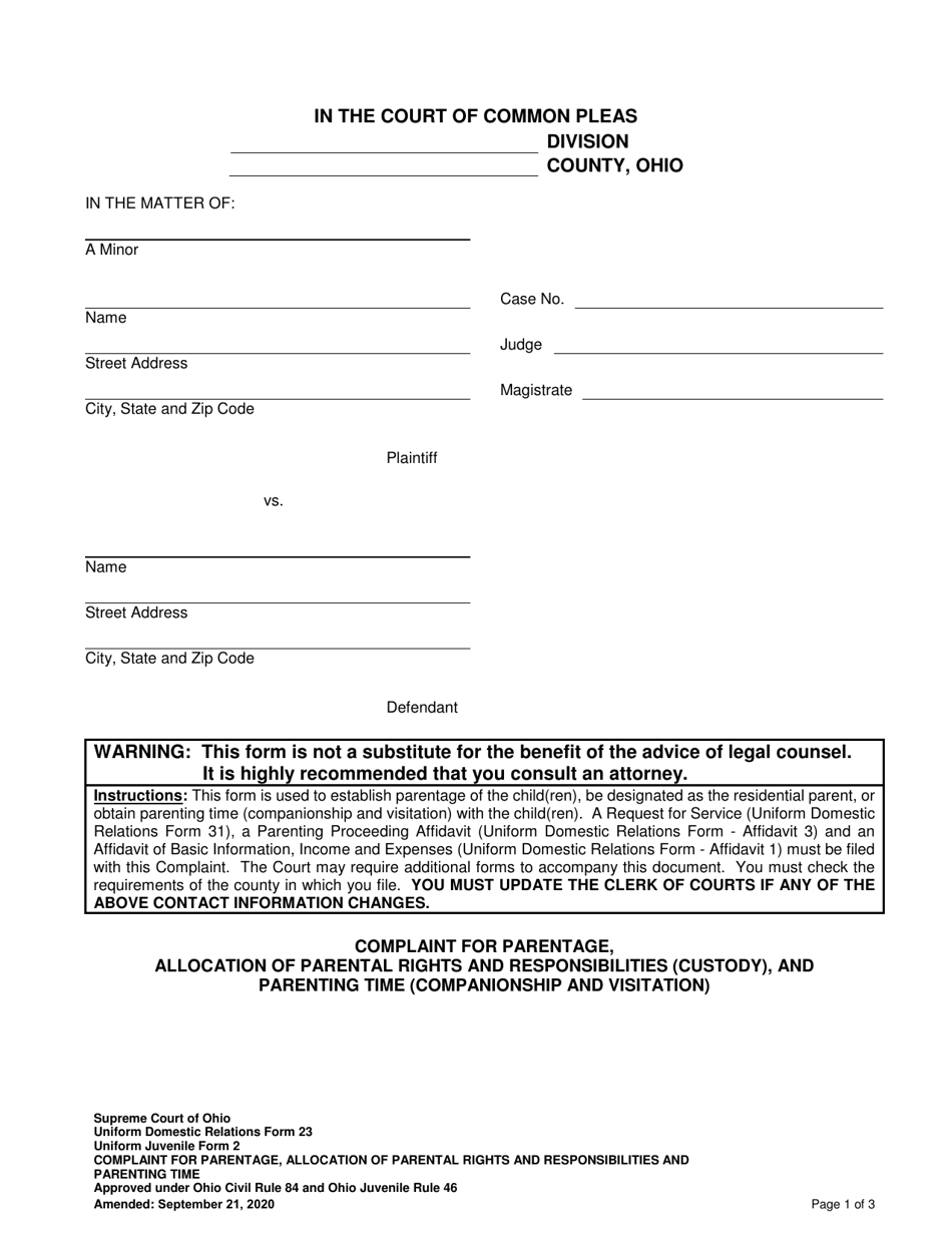 Uniform Domestic Relations Form 23 (Uniform Juvenile Form 2) Complaint for Parentage, Allocation of Parental Rights and Responsibilities (Custody), and Parenting Time (Companionship and Visitation) - Ohio, Page 1