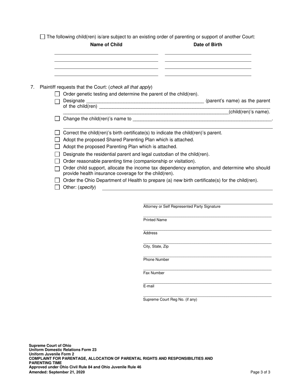 Uniform Domestic Relations Form 23 (Uniform Juvenile Form 2) Complaint for Parentage, Allocation of Parental Rights and Responsibilities (Custody), and Parenting Time (Companionship and Visitation) - Ohio, Page 3