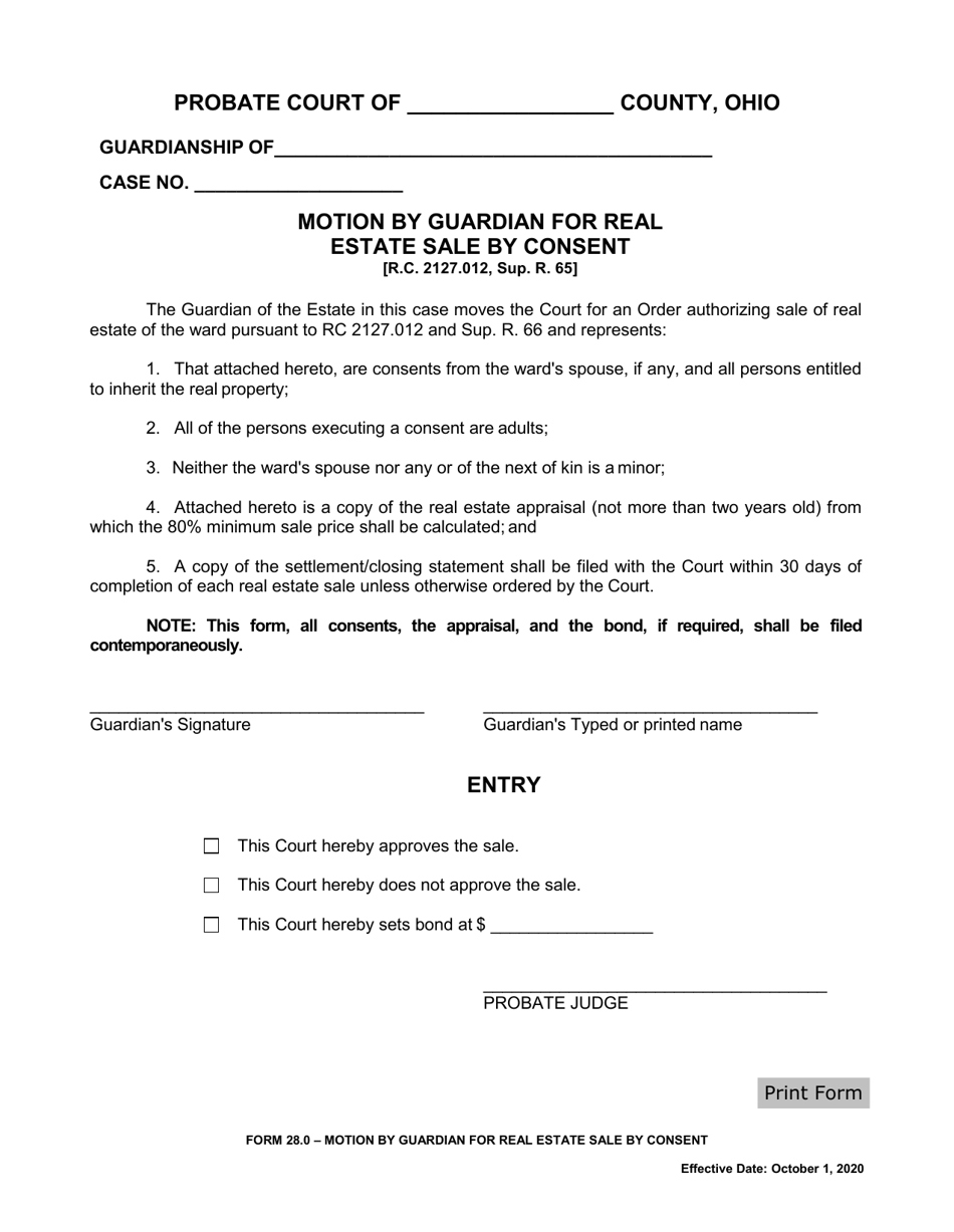 Form 28.0 Motion by Guardian for Real Estate Sale by Consent - Ohio, Page 1