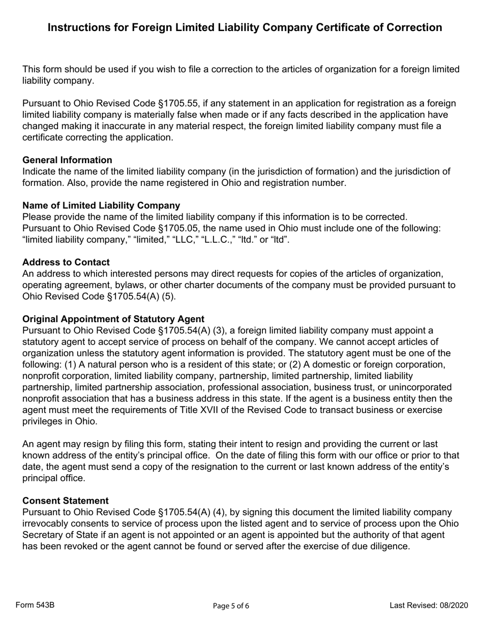 Form 543B Foreign Limited Liability Company Certificate of Correction - Ohio, Page 5
