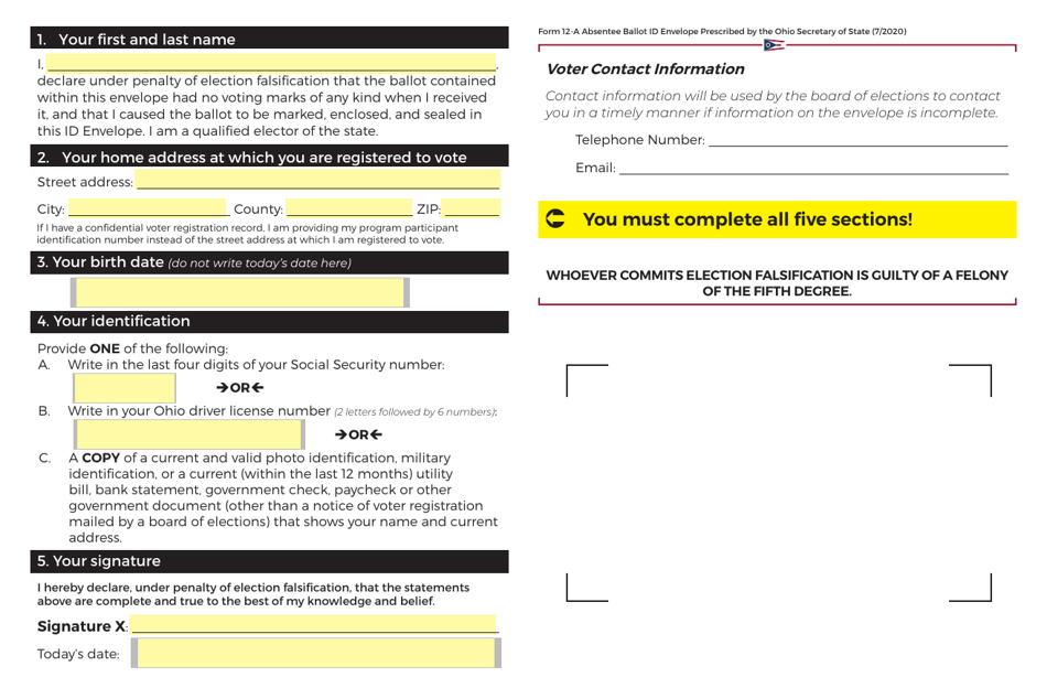 Form 12 A Download Fillable Pdf Or Fill Online I D Envelope Statement Of Absentee Voter Ohio