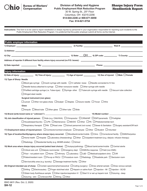 Form SH-12 (BWC-6611) Sharps Injury Form - Needlestick Report - Ohio