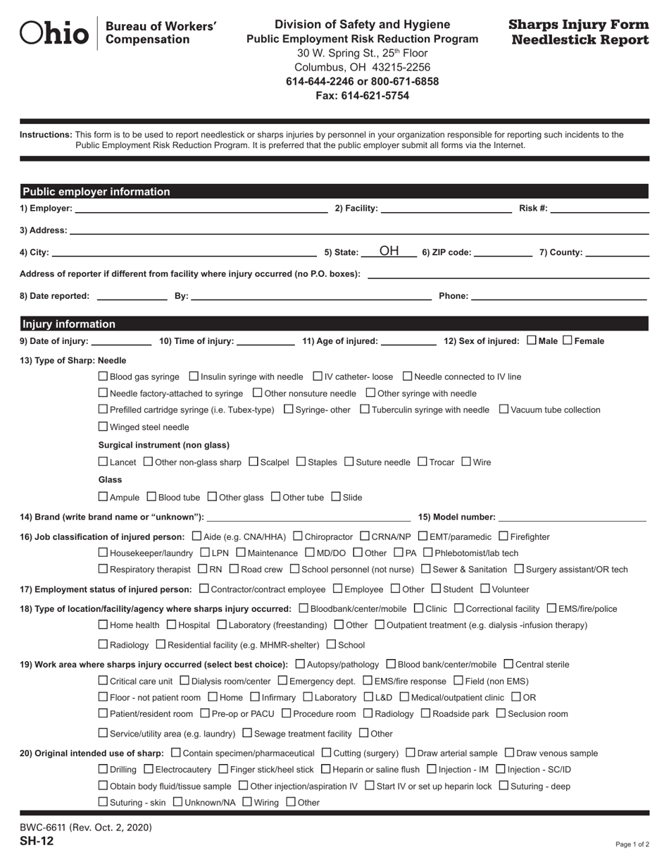 Form SH-12 (BWC-6611) Sharps Injury Form - Needlestick Report - Ohio, Page 1