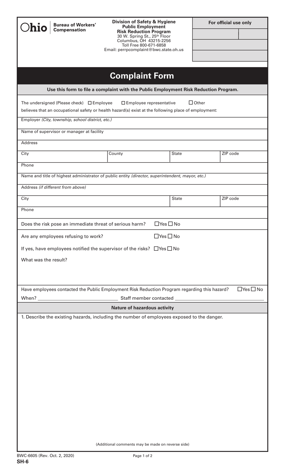Form SH-6 (BWC-6605) Complaint Form - Ohio, Page 1