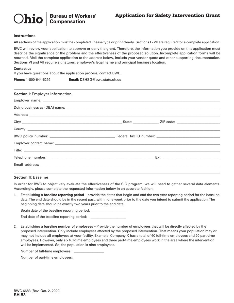 Form SH53 (BWC6683) Download Printable PDF or Fill Online Application for Safety Intervention
