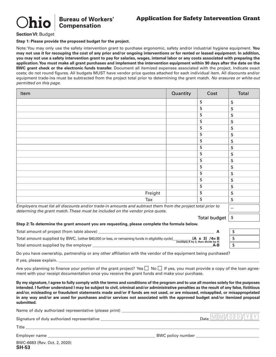 Form SH-53 (BWC-6683) Application for Safety Intervention Grant - Ohio, Page 6