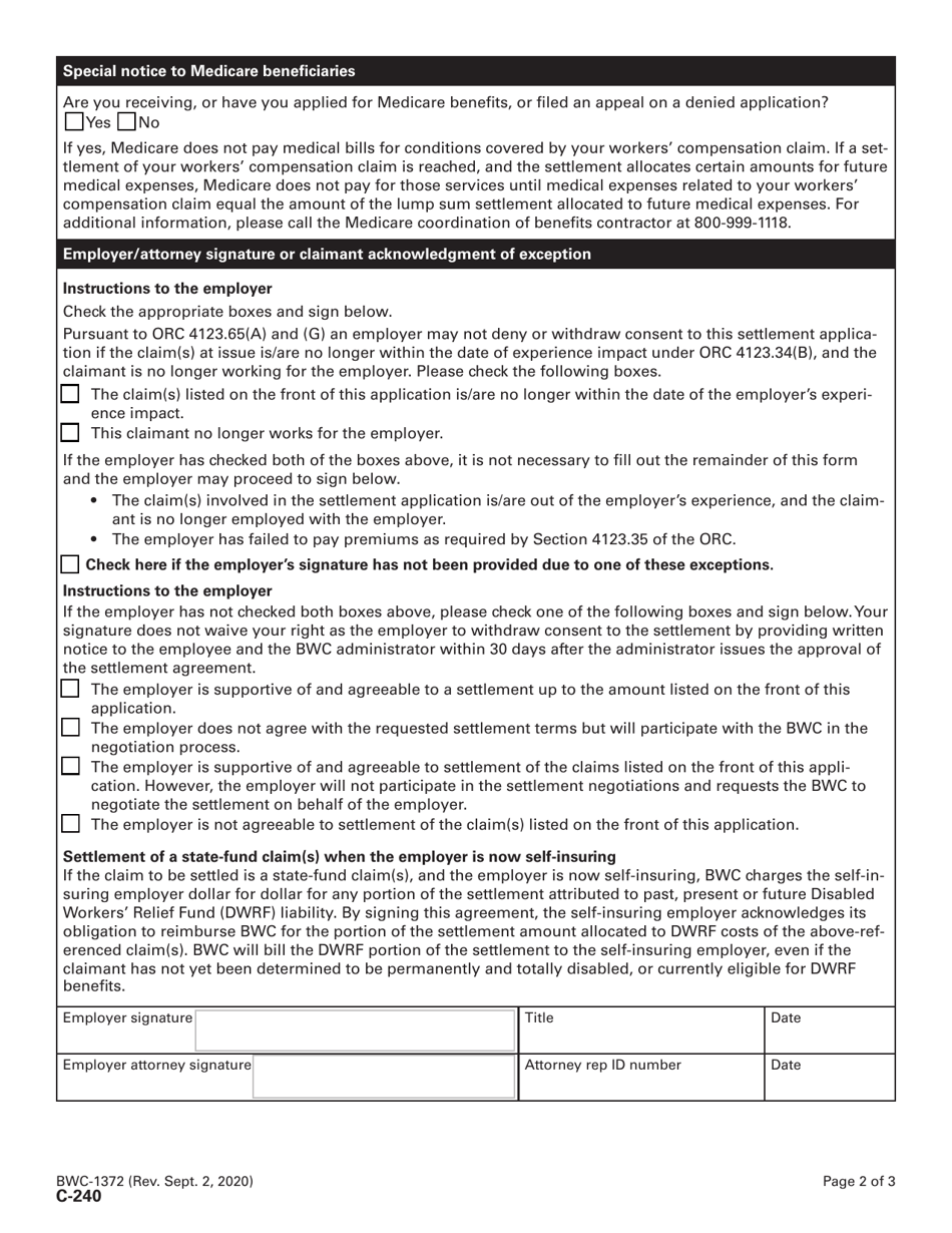 Form C-240 (BWC-1372) Settlement Agreement and Application for Approval of Settlement Agreement - Ohio, Page 3