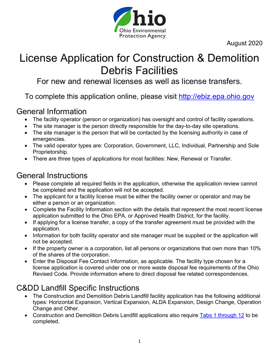 License Application for Construction  Demolition Debris Facilities - Ohio, Page 1