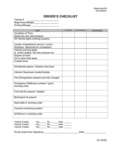Form OP-040401 Attachment B Driver's Checklist - Oklahoma
