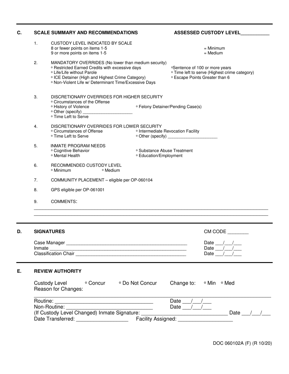 Form OP-060102A Female Inmates Initial Custody Assessment / Facility Assignment Form - Oklahoma, Page 2