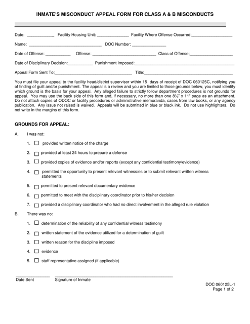 Form OP-060125L-1 Inmate's Misconduct Appeal Form for Class a & B Misconducts - Oklahoma