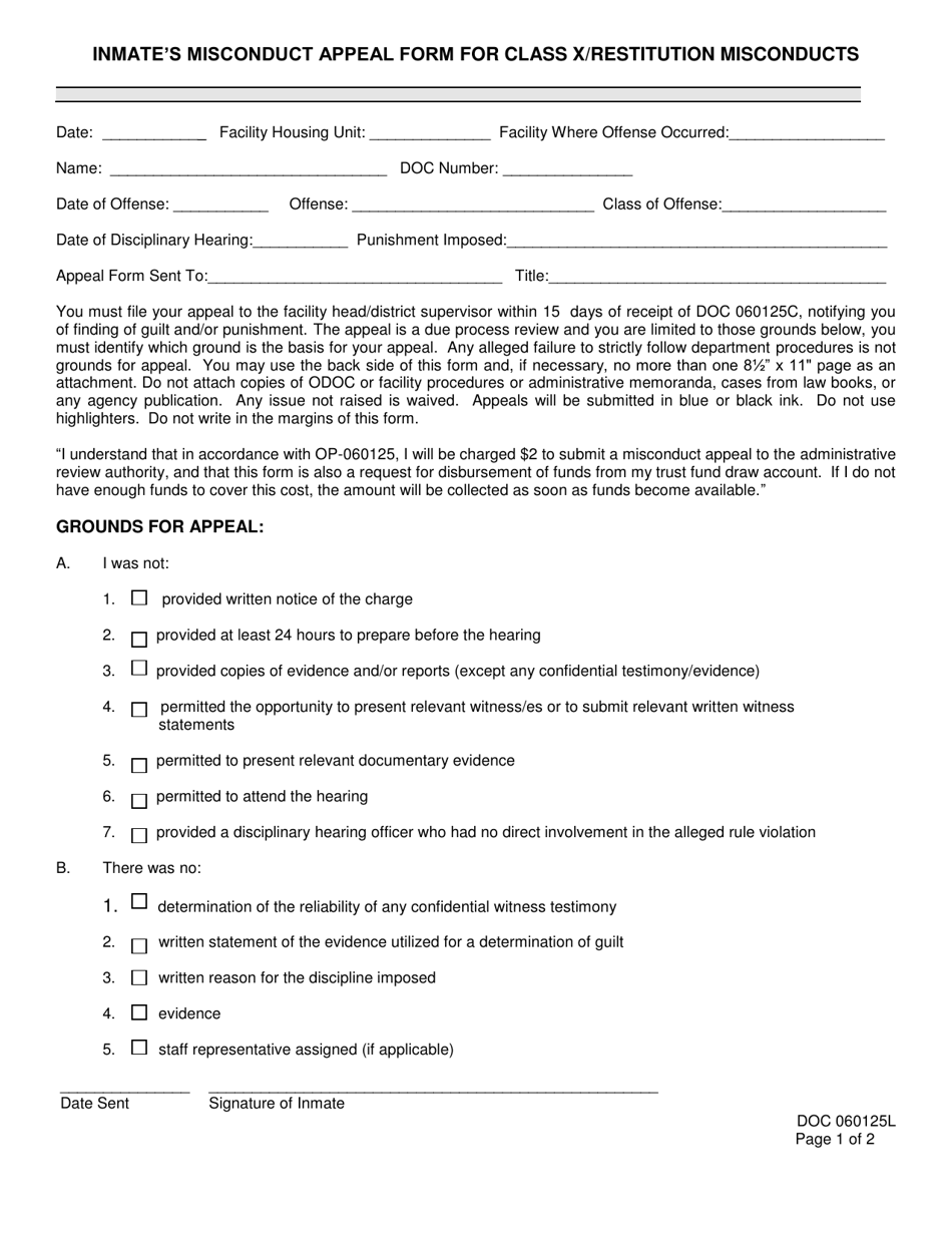 Form OP-060125L Inmates Misconduct Appeal Form for Class X / Restitution Misconducts - Oklahoma, Page 1