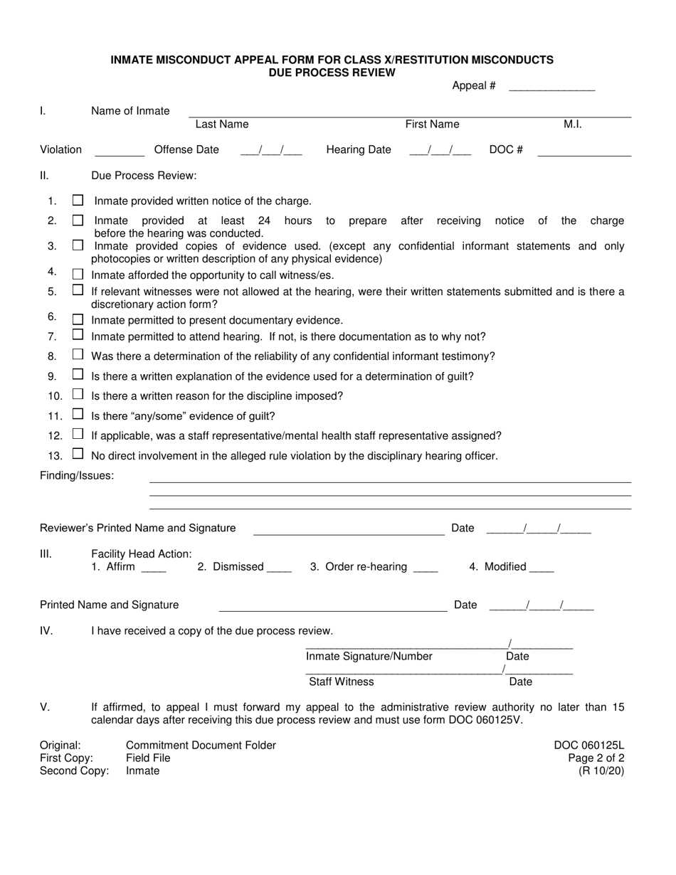 Form OP-060125L Inmates Misconduct Appeal Form for Class X / Restitution Misconducts - Oklahoma, Page 2