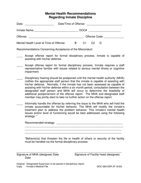 Form OP-060125R Mental Health Recommendations Regarding Inmate Discipline - Oklahoma