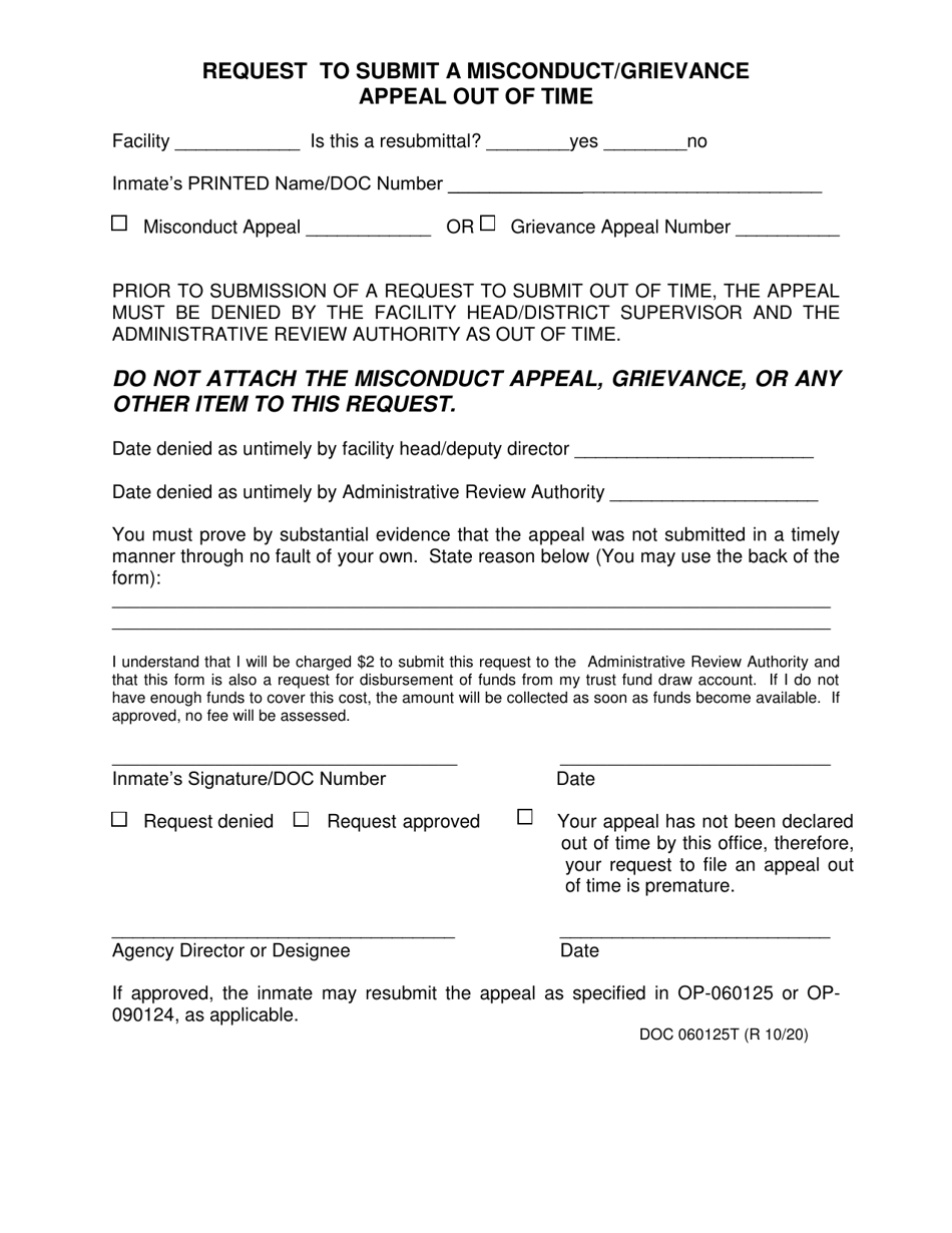 Form OP-060125T Request to Submit a Misconduct / Grievance Appeal out of Time - Oklahoma, Page 1