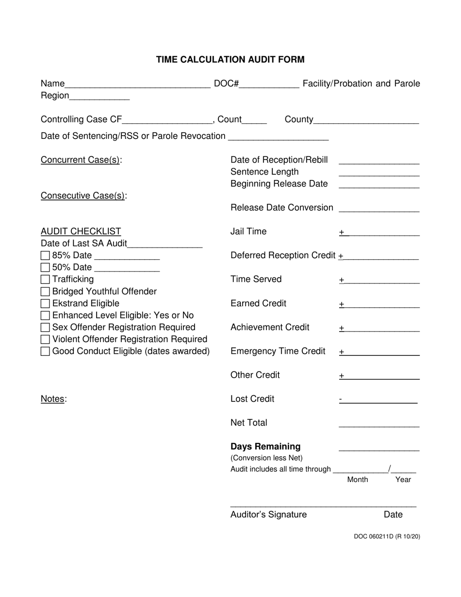 Form OP-060211D Time Calculation Audit Form - Oklahoma, Page 1