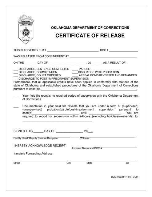 Form OP-060211N Certificate of Release - Oklahoma
