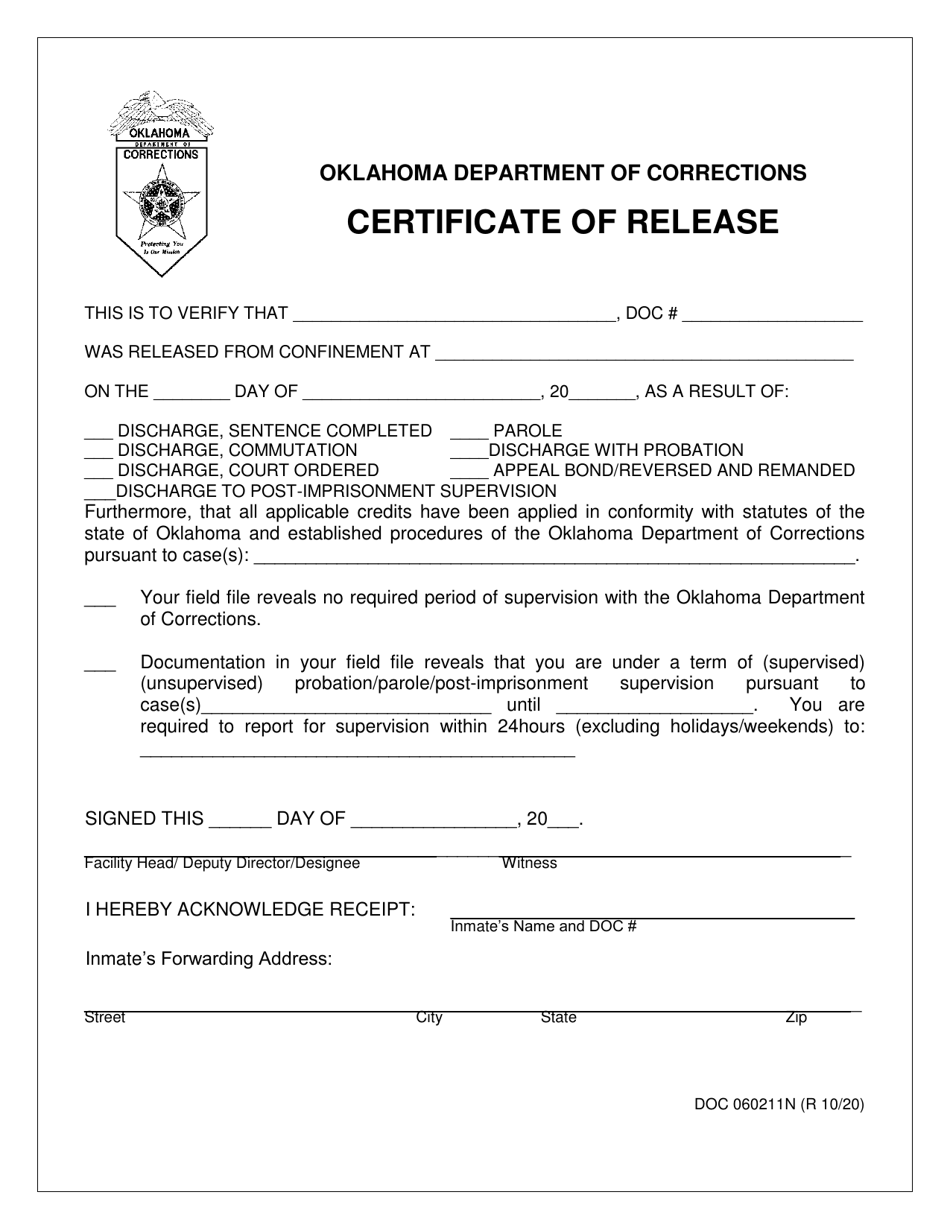 Form OP-060211N Certificate of Release - Oklahoma, Page 1
