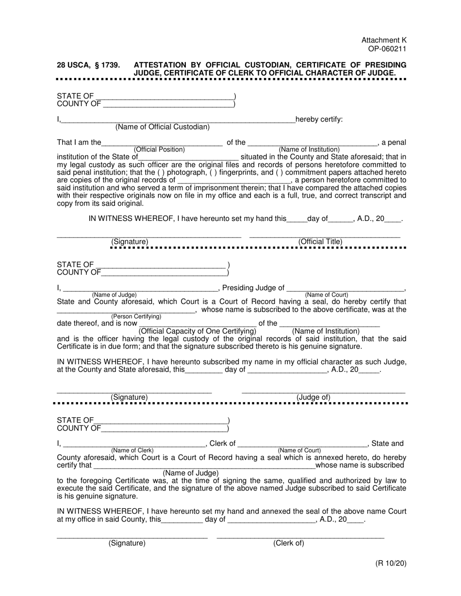 Form OP-060211 Attachment K Attestation by Official Custodian, Certificate of Presiding Judge, Certificate of Clerk to Official Character of Judge - Oklahoma, Page 1