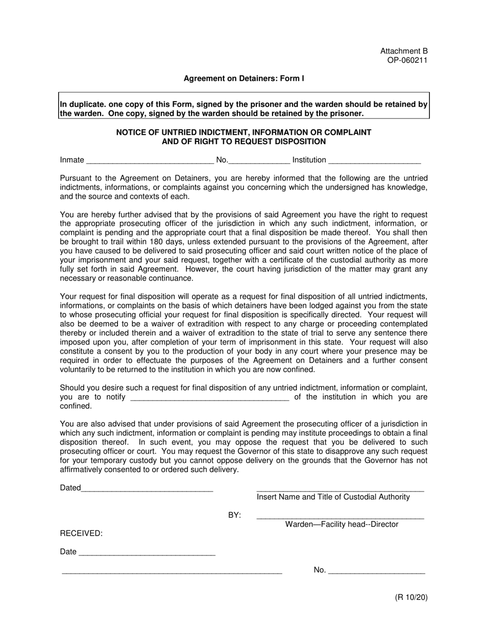 Form I (OP-060211) Attachment B Agreement on Detainers: Notice of Untried Indictment, Information or Complaint and of Right to Request Disposition - Oklahoma, Page 1