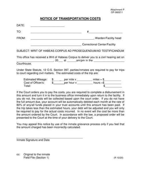 Form OP-060211 Attachment P Notice of Transportation Costs - Oklahoma