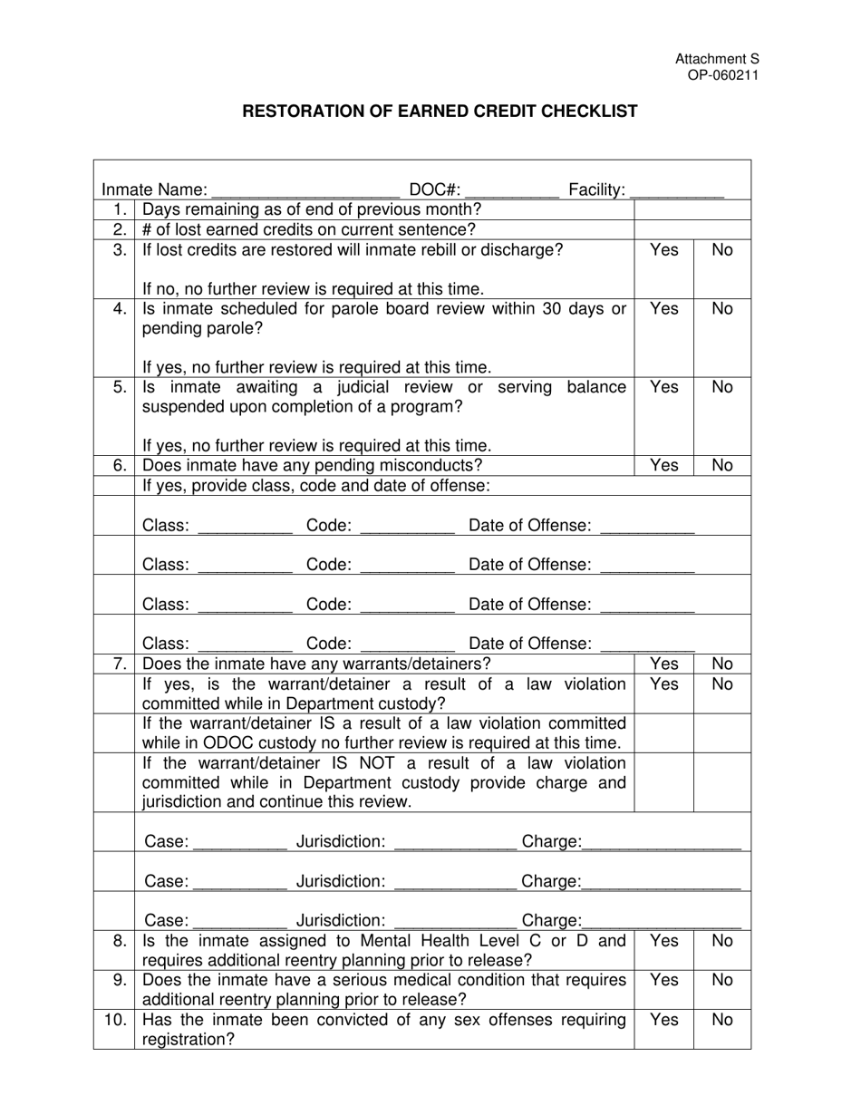 Form OP-060211 Attachment S Restoration of Earned Credit Checklist - Oklahoma, Page 1