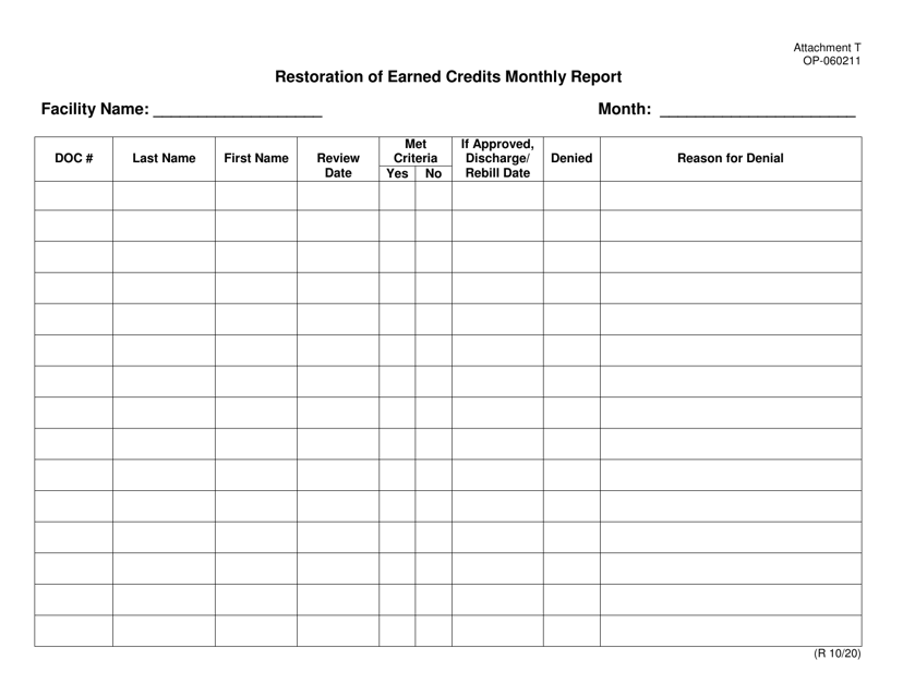 Form OP-060211 Attachment T Restoration of Earned Credits Monthly Report - Oklahoma