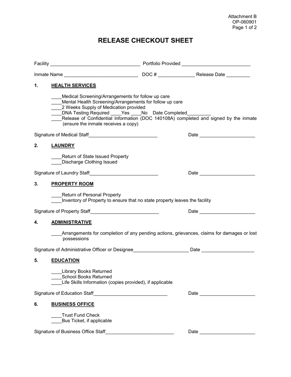 Form OP-060901 Attachment B Release Checkout Sheet - Oklahoma, Page 1