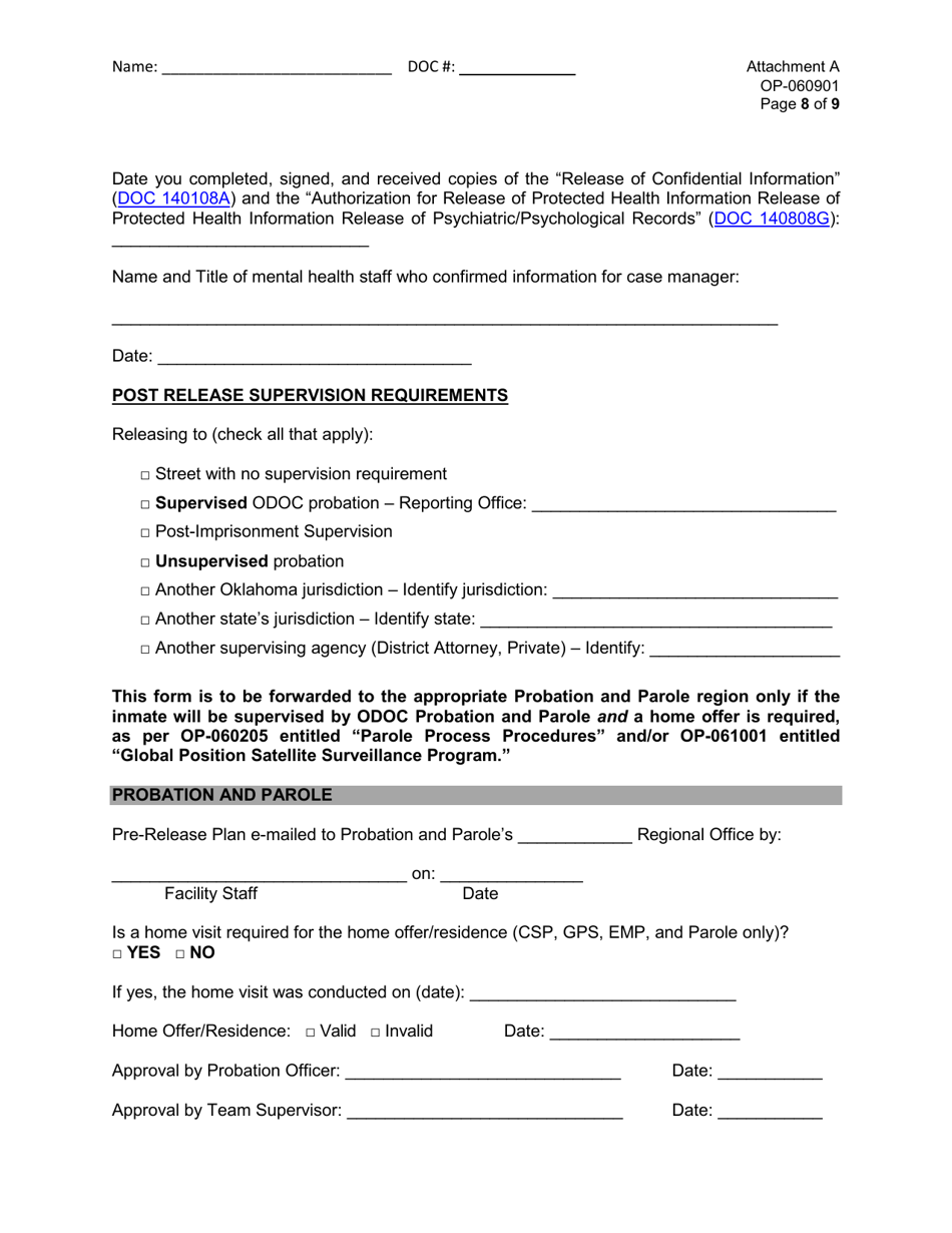 Form OP-060901 Attachment A Pre-release Plan - Oklahoma, Page 8