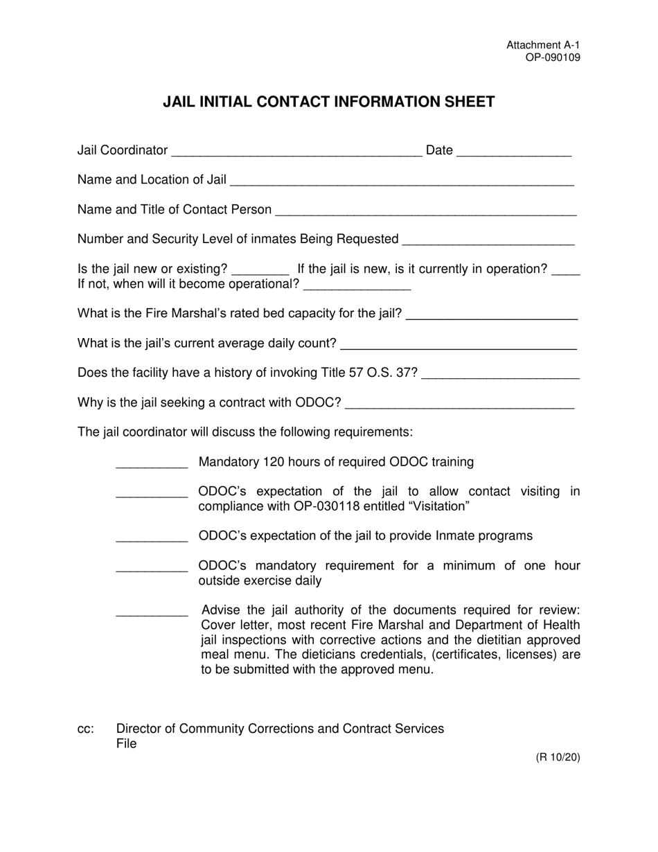 Form OP-090109 Attachment A-1 Jail Initial Contact Information Sheet - Oklahoma, Page 1
