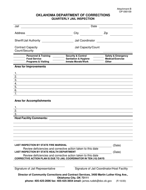 Form OP-090109 Attachment B Quarterly Jail Inspection - Oklahoma