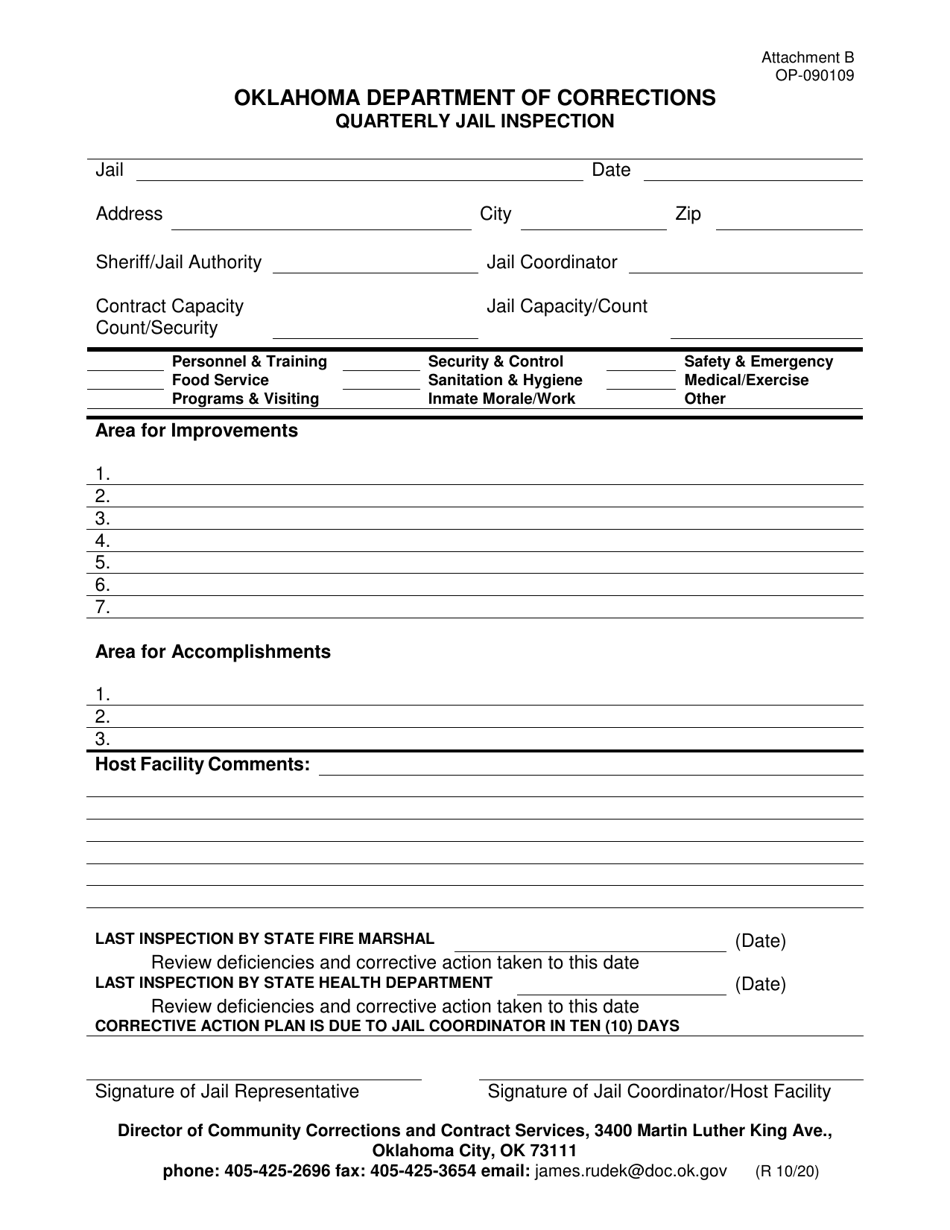 Form OP-090109 Attachment B Quarterly Jail Inspection - Oklahoma, Page 1