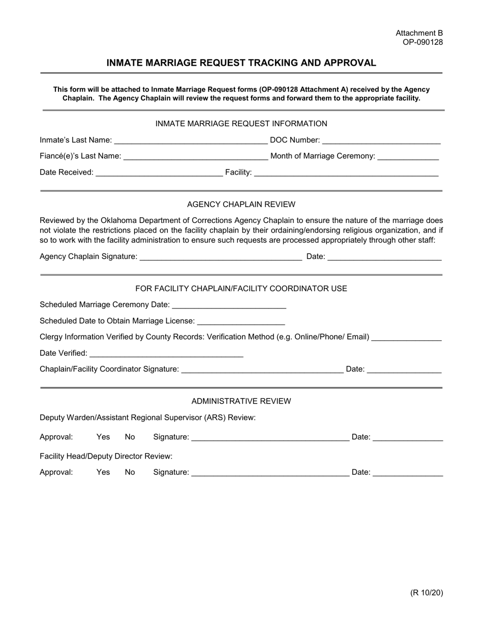 Form OP-090128 Attachment B Inmate Marriage Request Tracking and Approval - Oklahoma, Page 1