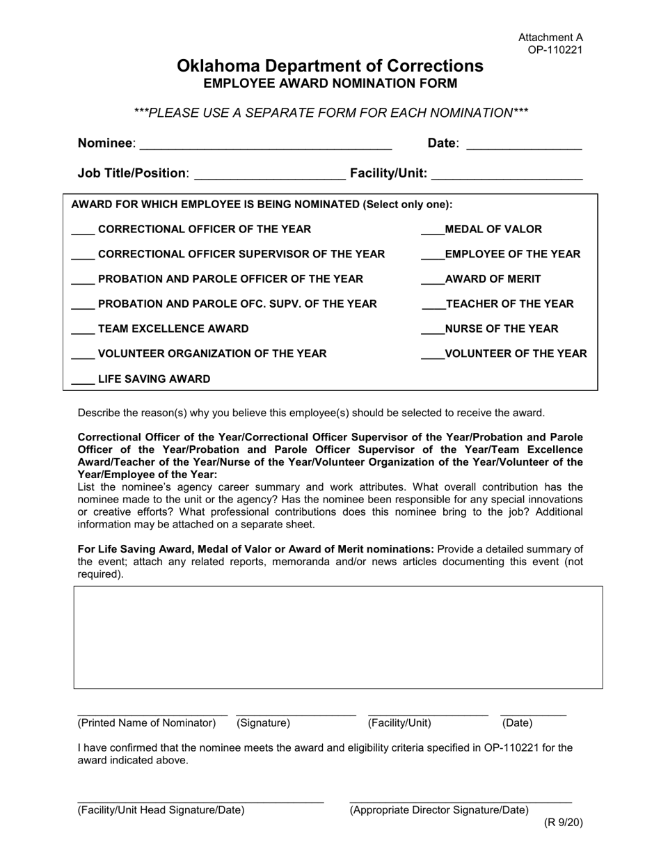 Form OP-110221 Attachment A Employee Award Nomination Form - Oklahoma, Page 1
