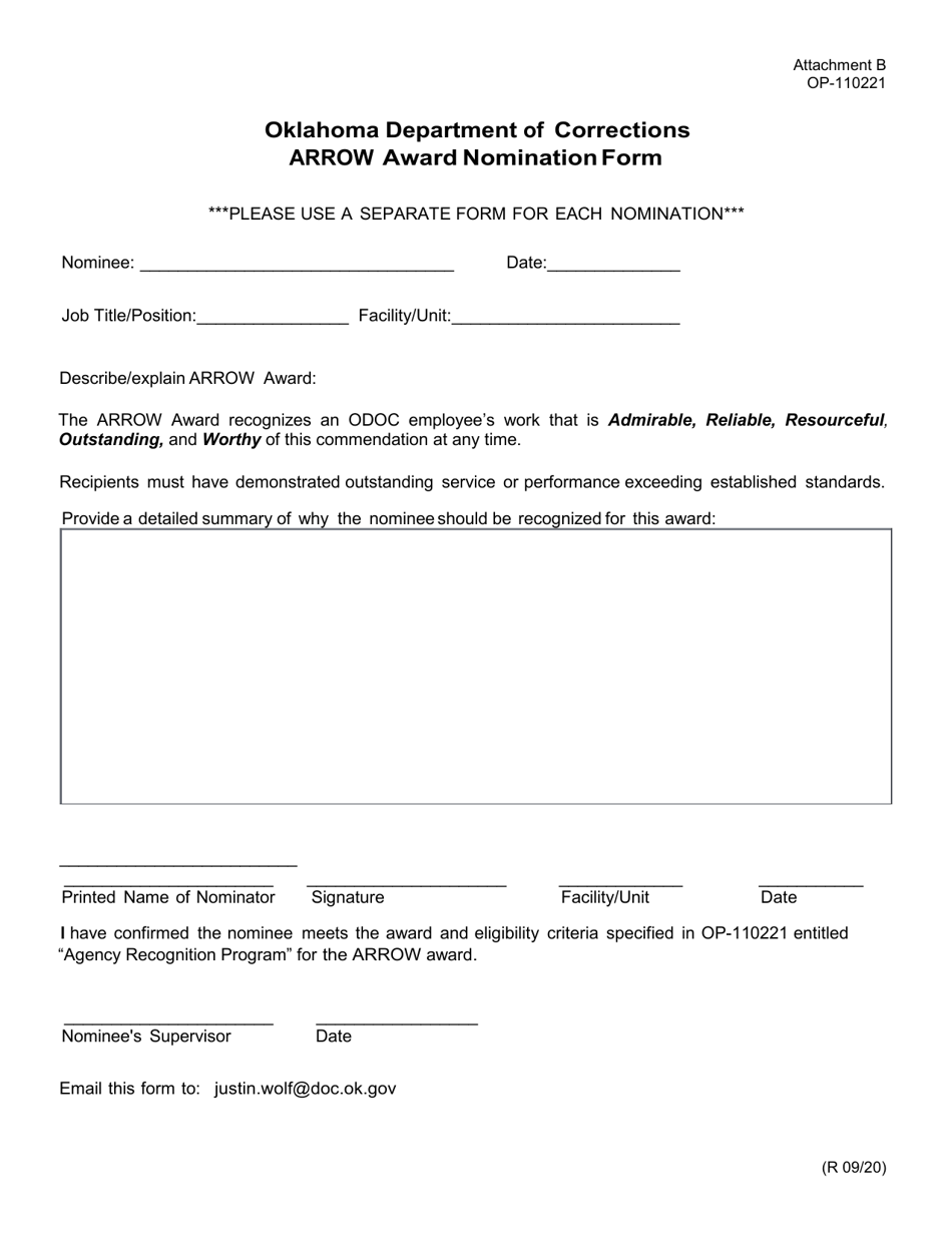 Form OP-110221 Attachment B Arrow Award Nomination Form - Oklahoma, Page 1