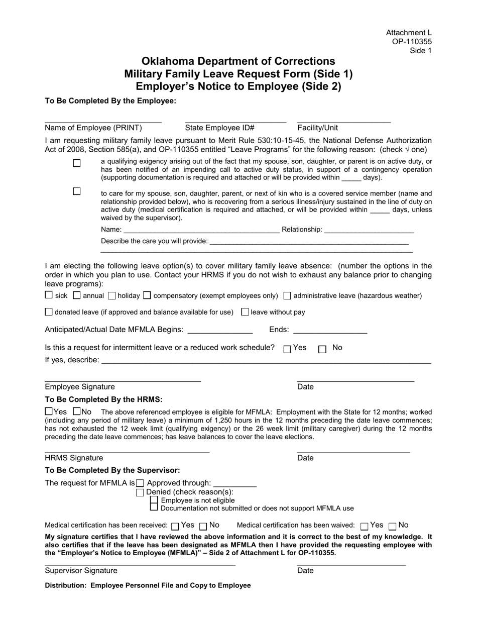 Form OP-110355 Attachment L Military Family Leave Request Form - Oklahoma, Page 1