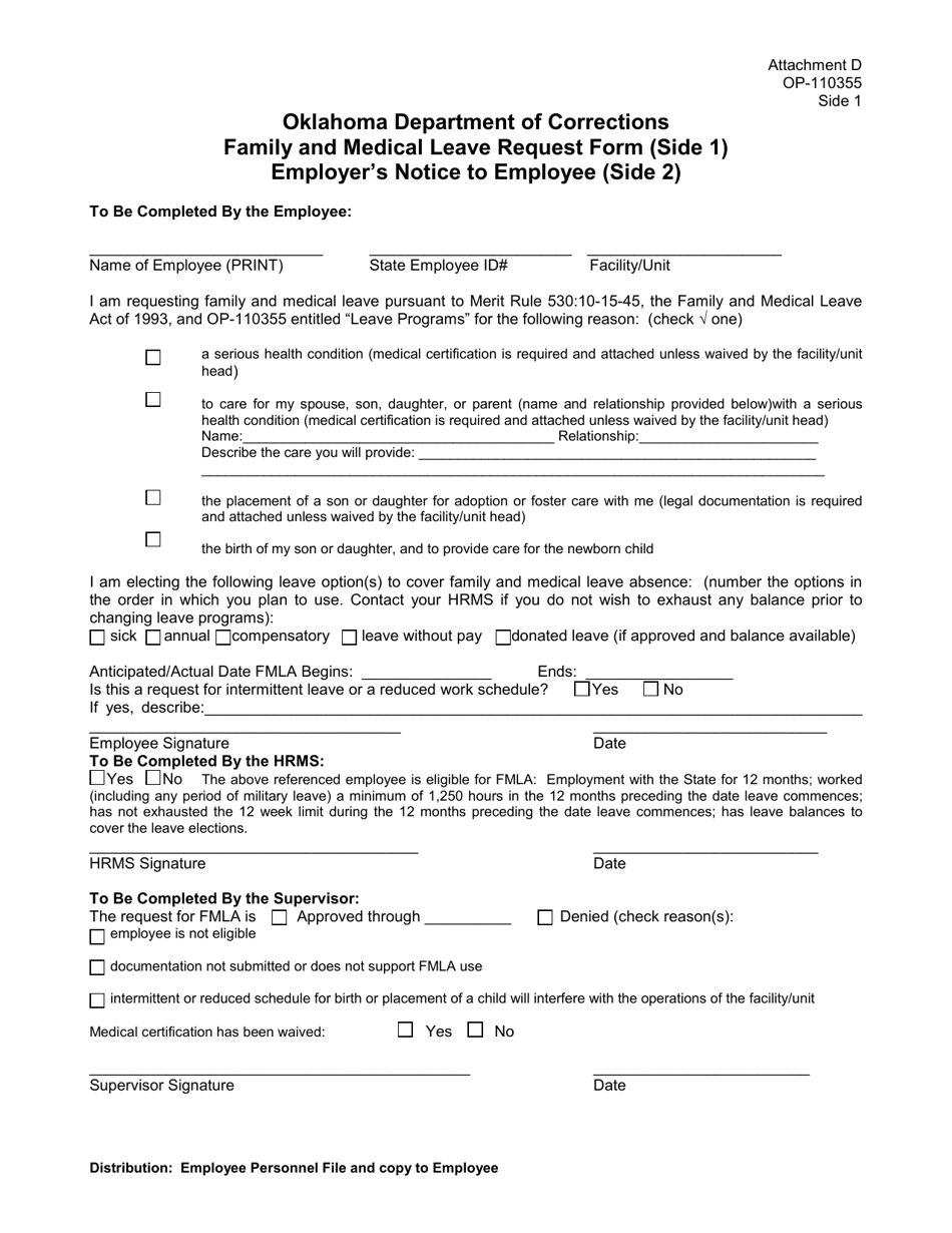 Form OP-110355 Attachment D Family and Medical Leave Request Form - Oklahoma, Page 1