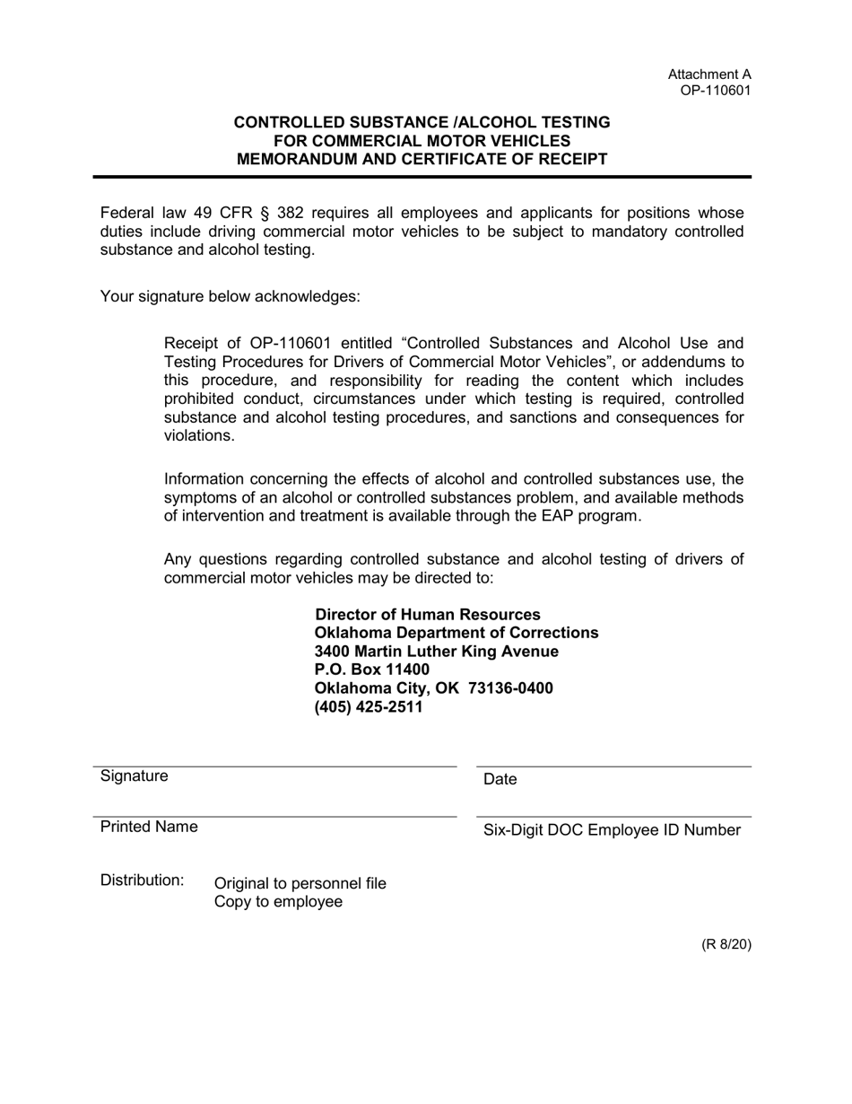 Form OP-110601 Attachment A Controlled Substance / Alcohol Testing for Commercial Motor Vehicles Memorandum and Certificate of Receipt - Oklahoma, Page 1