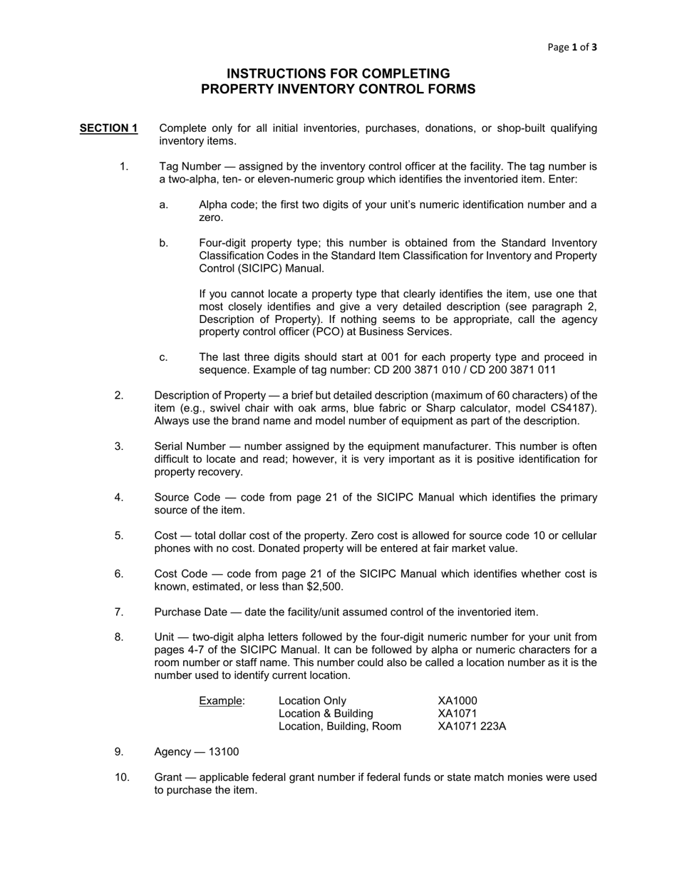 Instructions for Form DOC120801A Property Inventory Control - Oklahoma, Page 1