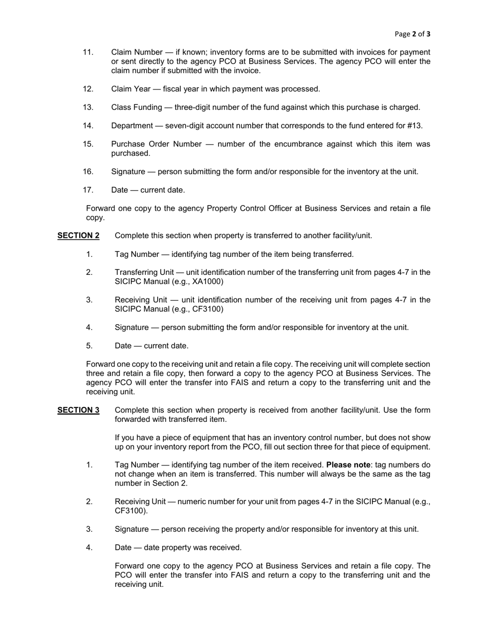Instructions for Form DOC120801A Property Inventory Control - Oklahoma, Page 2