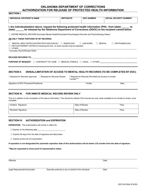 Form DOC140108A Odoc Authorization for Release of Protected Health Information - Oklahoma
