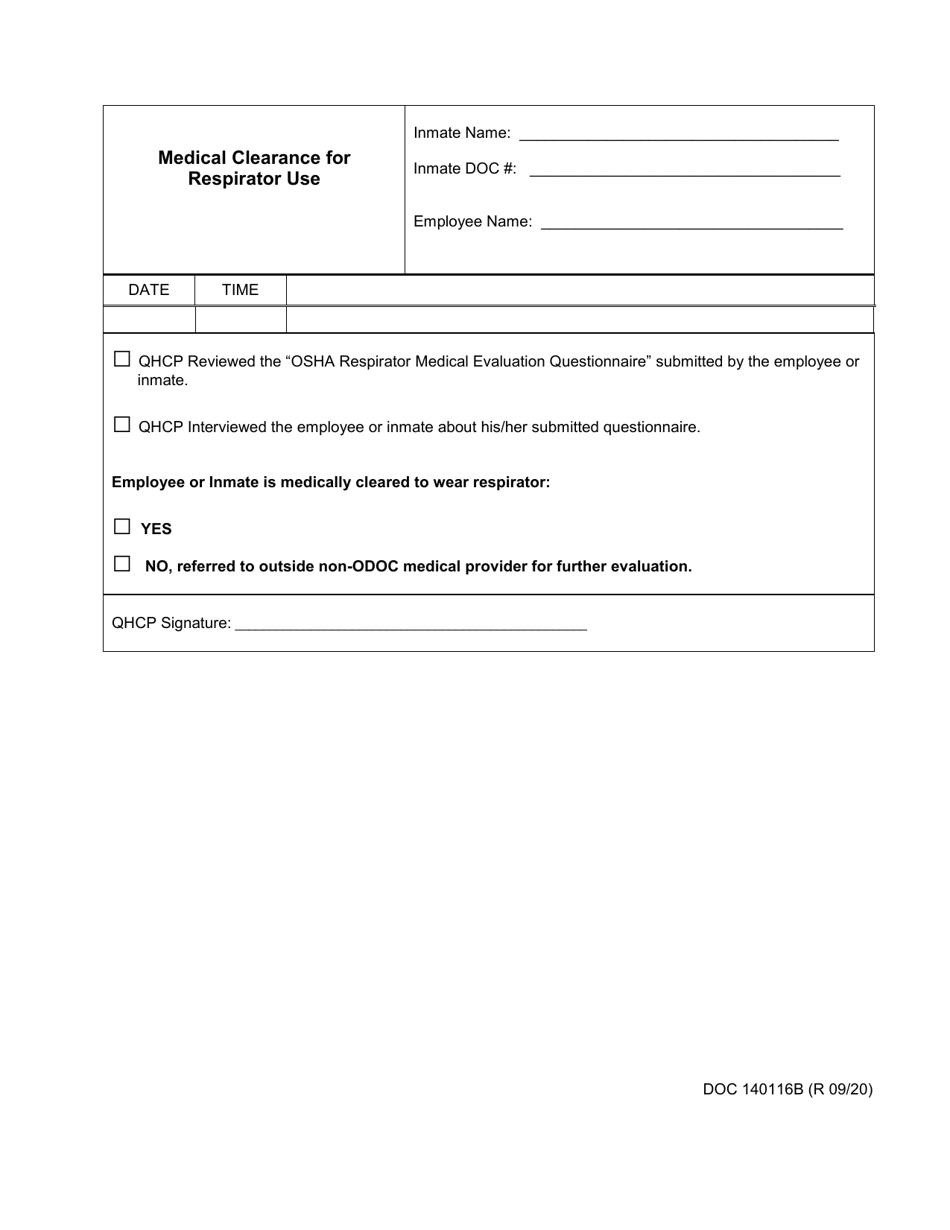 Form DOC140116B Medical Clearance for Respirator Use - Oklahoma, Page 1