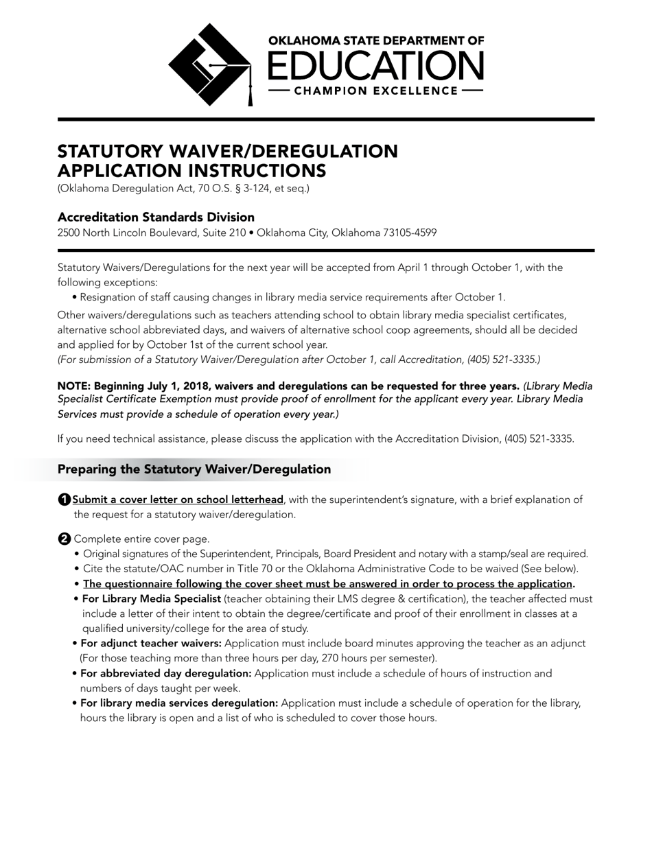Oklahoma School Site Statutory Waiver/Deregulation Application Download  Fillable PDF | Templateroller